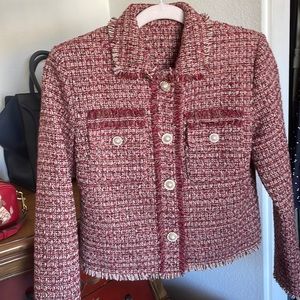 NWOT red mauve pink tweed pearl boxy blazer jacket self portrait Chanel style